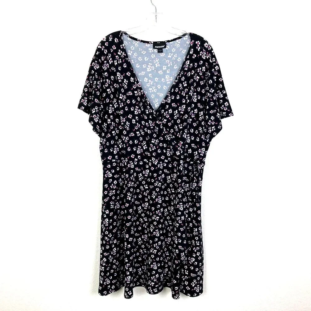 Joe Boxer Women’s Faux Wrap Dress Size 3X Black Pink Floral Knee/Short Soft Knit